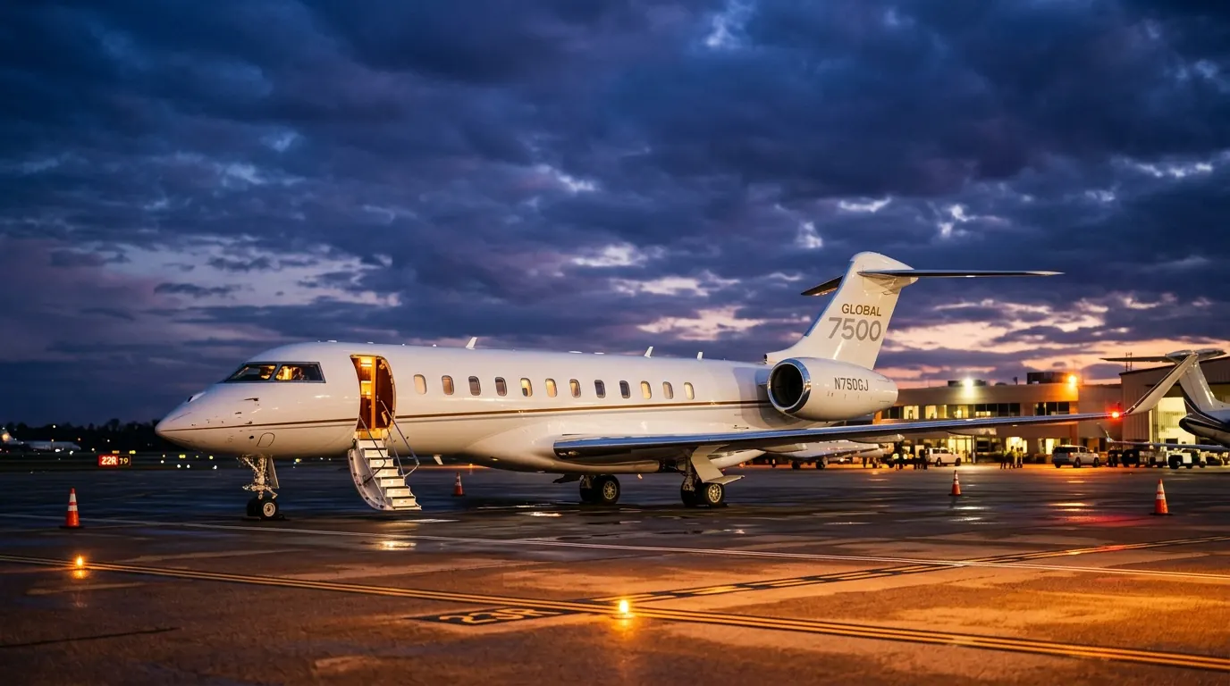 Private jet on tarmac at dusk